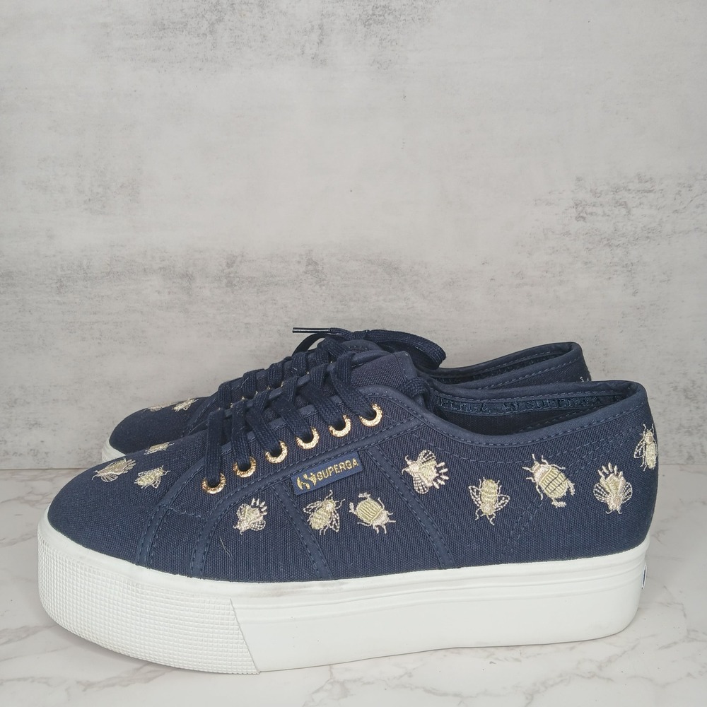 Superga 2790 Insects Embroidered Platforms Sneakers Lace Up Blue Gold Womens 7.5